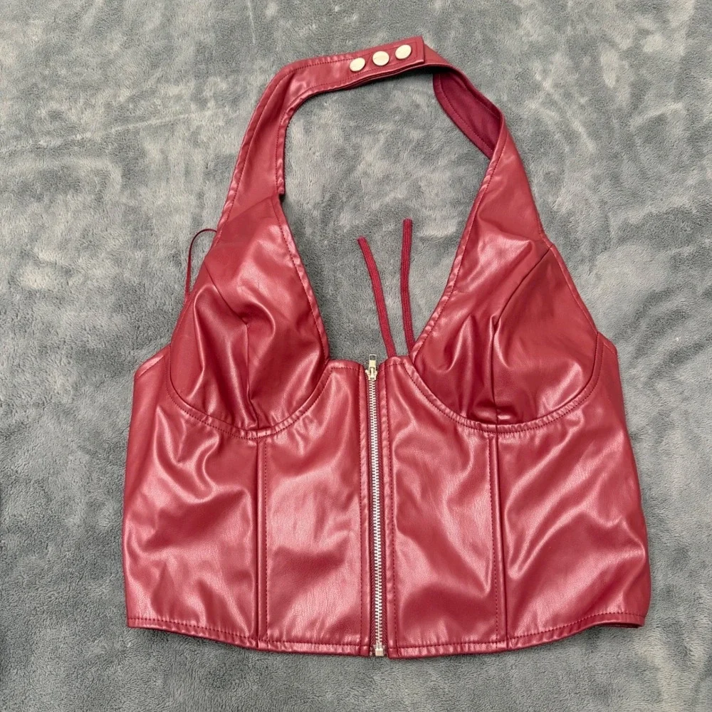 Fashion Nova Giulia PU Halter Top Womens L Burgundy NEW Faux Leather Corset Zip